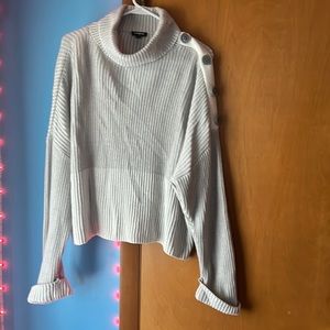 Sweater grey and white button design on left shoulder turtleneck size L